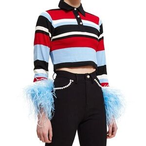 Adam Selman Striped Crop Top with Feather Cuffs Size Small